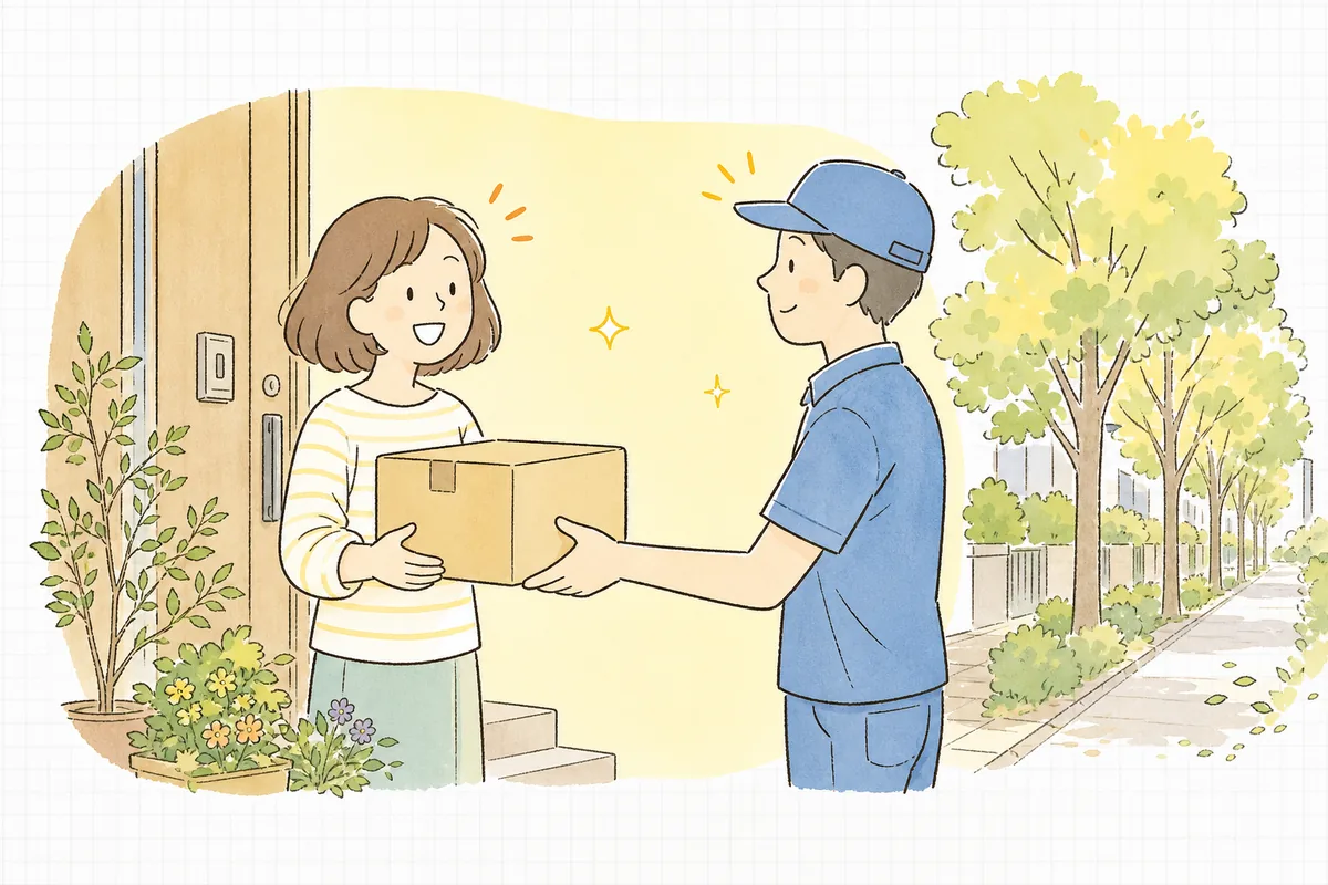 希望した日時にちゃんと荷物が届き、玄関先で受け取ったお客さんが安心して笑顔になっている明るい情景