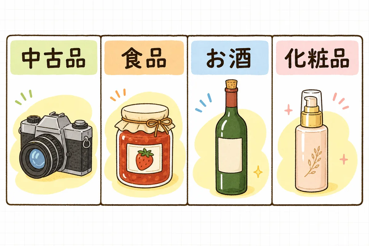中古品・食品・お酒・化粧品の4ジャンルごとに必要な手続きを整理した一覧図