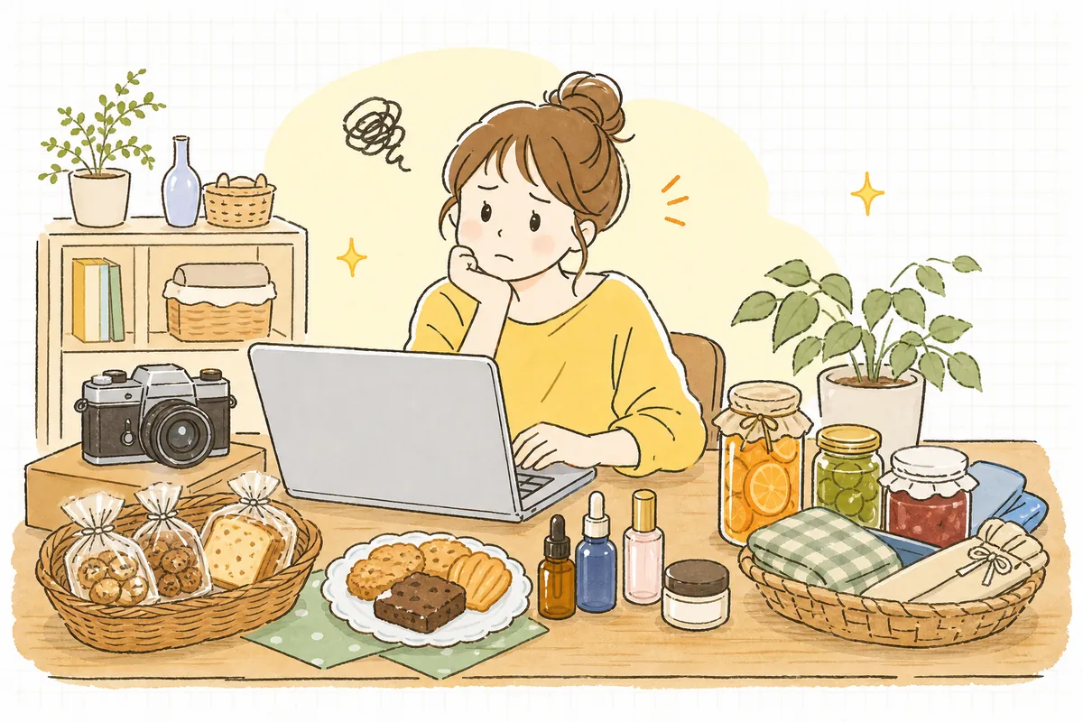 売ろうとしている商品を前に、これは許可がいるのだろうかと少し不安な表情で考え込むネットショップ運営者