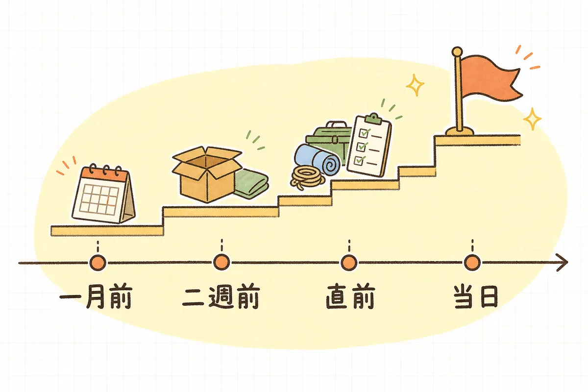1か月前・2週間前・直前・セール当日の順に、繁忙期の出荷準備を前倒しで進めていく時間の流れの図