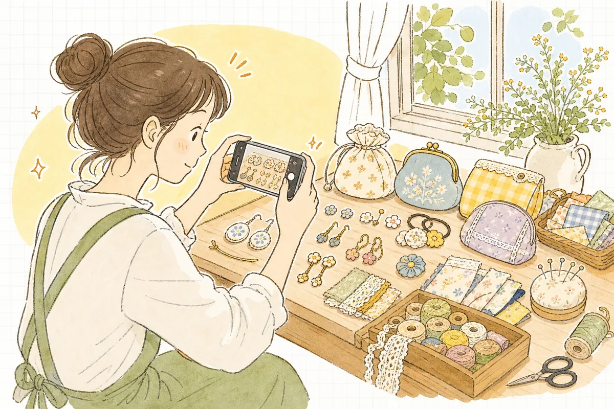 手作りのアクセサリーや布小物を前に、スマホで作品の写真を撮ろうとしている作り手