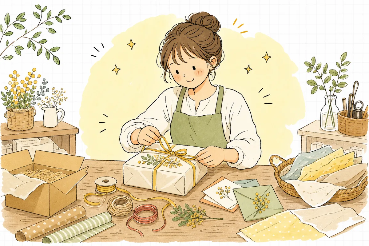 最初の作品が売れて、うれしそうに発送の梱包をしている作り手