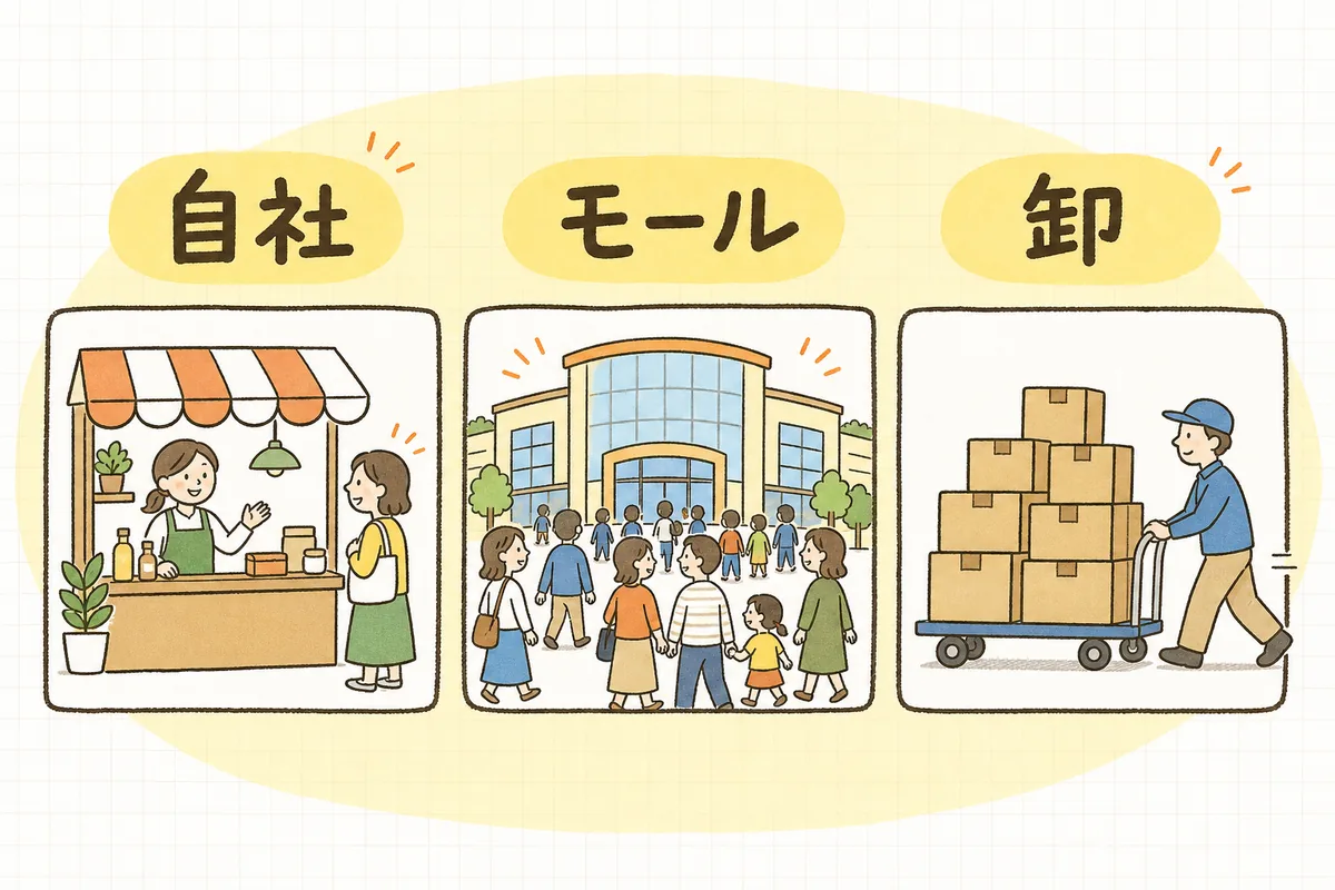 自社サイト・モール・卸の3つの販路それぞれの役割(関係・出会い・数量)を並べた図