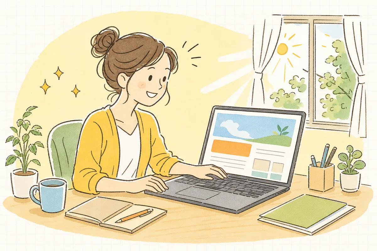 直す場所が1か所に定まり、すっきりした表情でランディングページの改善に取りかかるEC担当者の前向きな情景