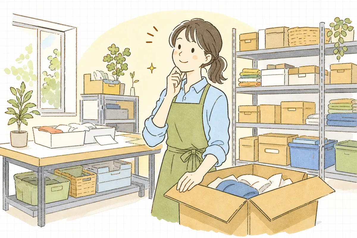倉庫の一角に戻ってきた返品の箱を前に、どう流れを整えようかと前向きに考えているEC担当者の情景