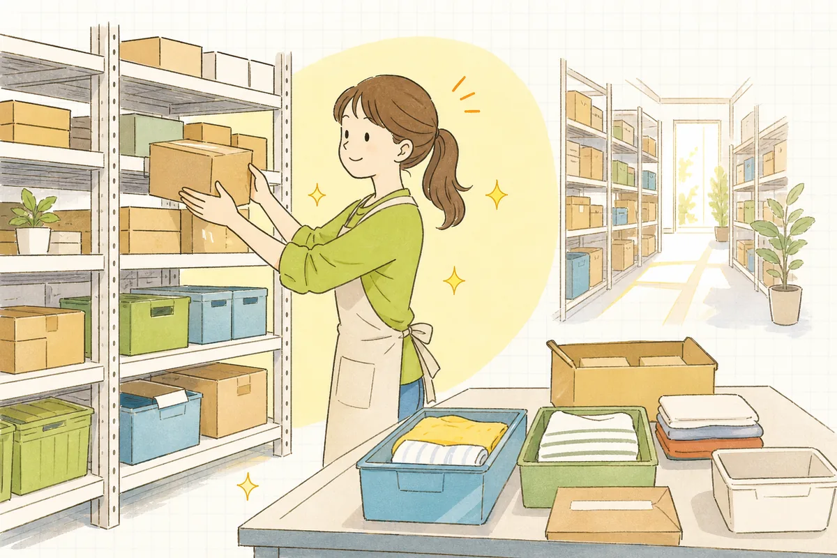整えた返品物流の流れで戻ってきた商品がきれいに在庫へ戻り、担当者が穏やかな表情で棚を整えている明るい情景