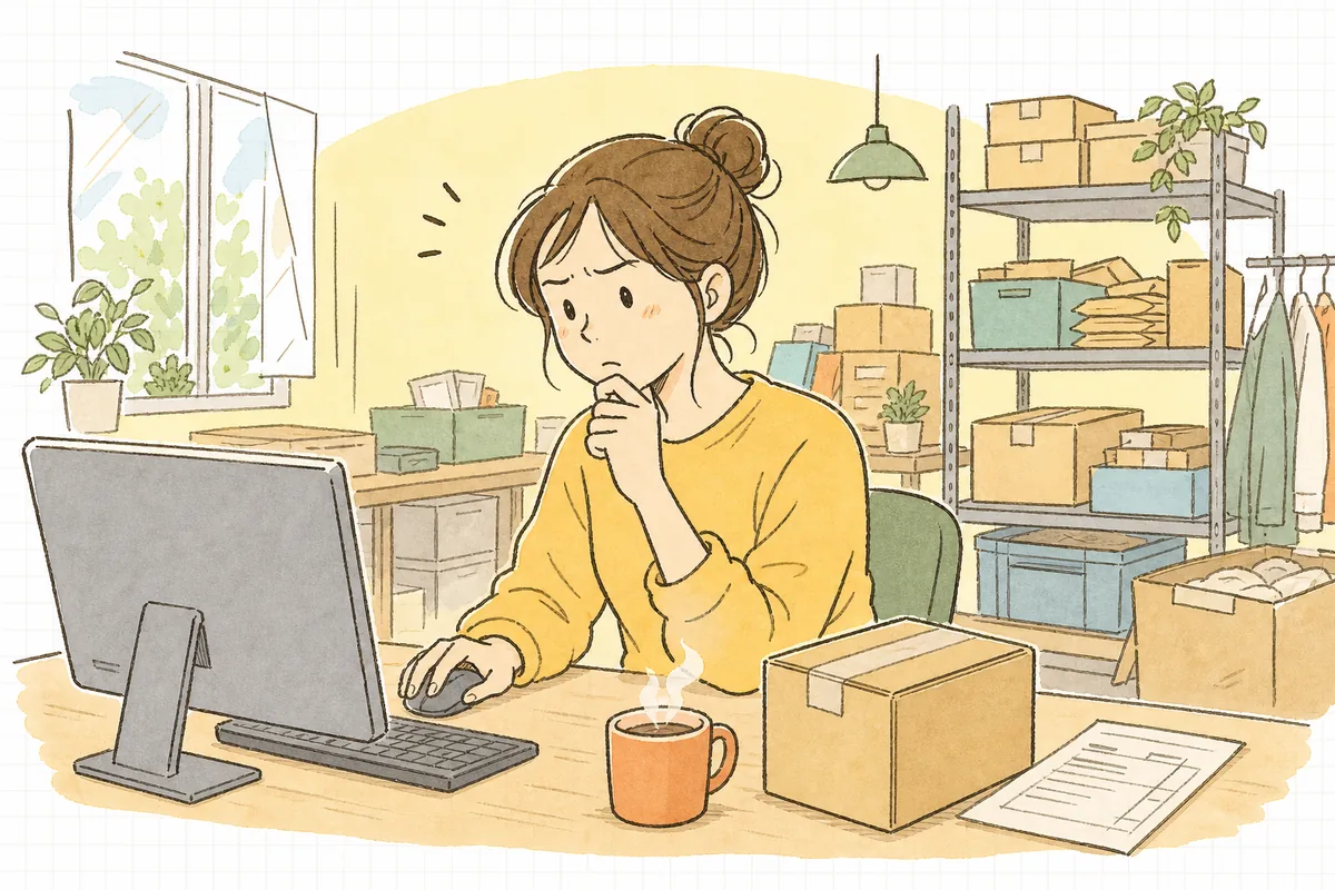 返品の問い合わせメールを前に、どう対応しようか考え込んでいるEC担当者の様子