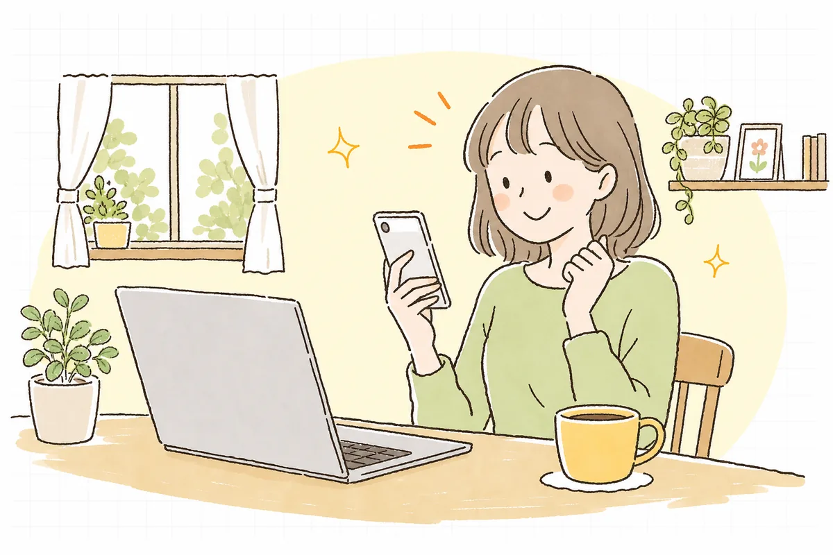 商品ページの「返品について」の項目を、安心した表情で読みながら購入を決めようとしているお客さん