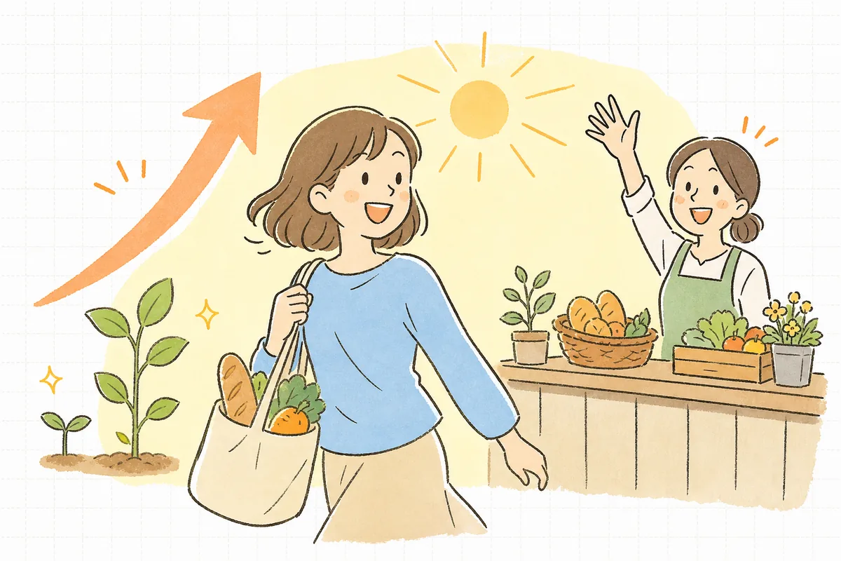 整えた返品ポリシーで安心が伝わり、お客さんとお店の双方が笑顔で信頼し合えている様子