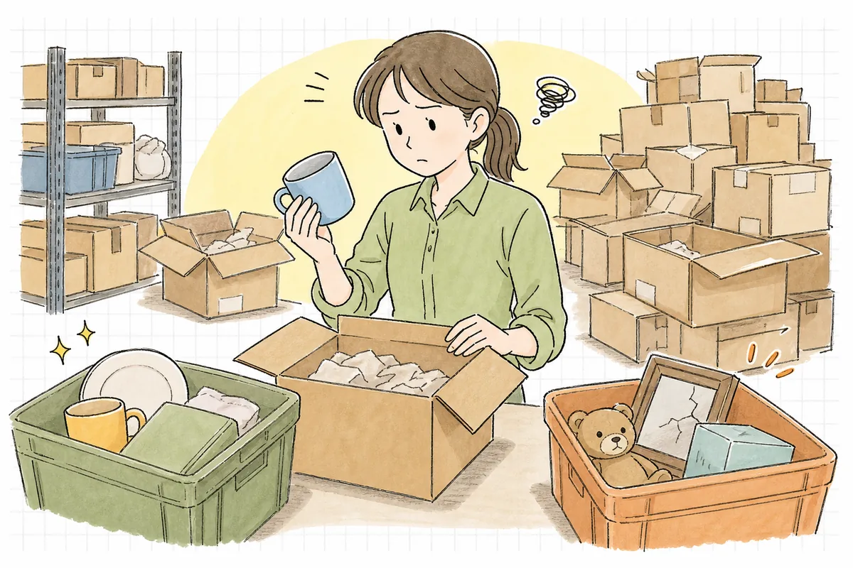 返品されて戻ってきた商品の箱を開け、中身の状態を確かめながら仕分けに迷っているEC担当者の様子