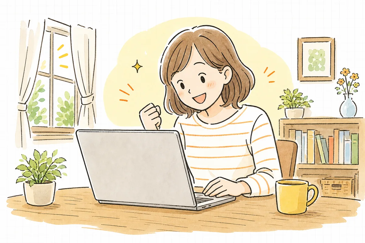 比較を見て納得し、ひとつの商品に決めてほっとした笑顔の買い物客