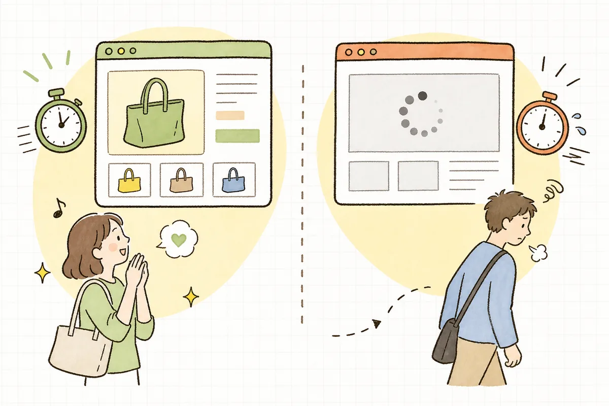 ページの読み込み時間が延びるほど離脱が増える様子を示す概念図