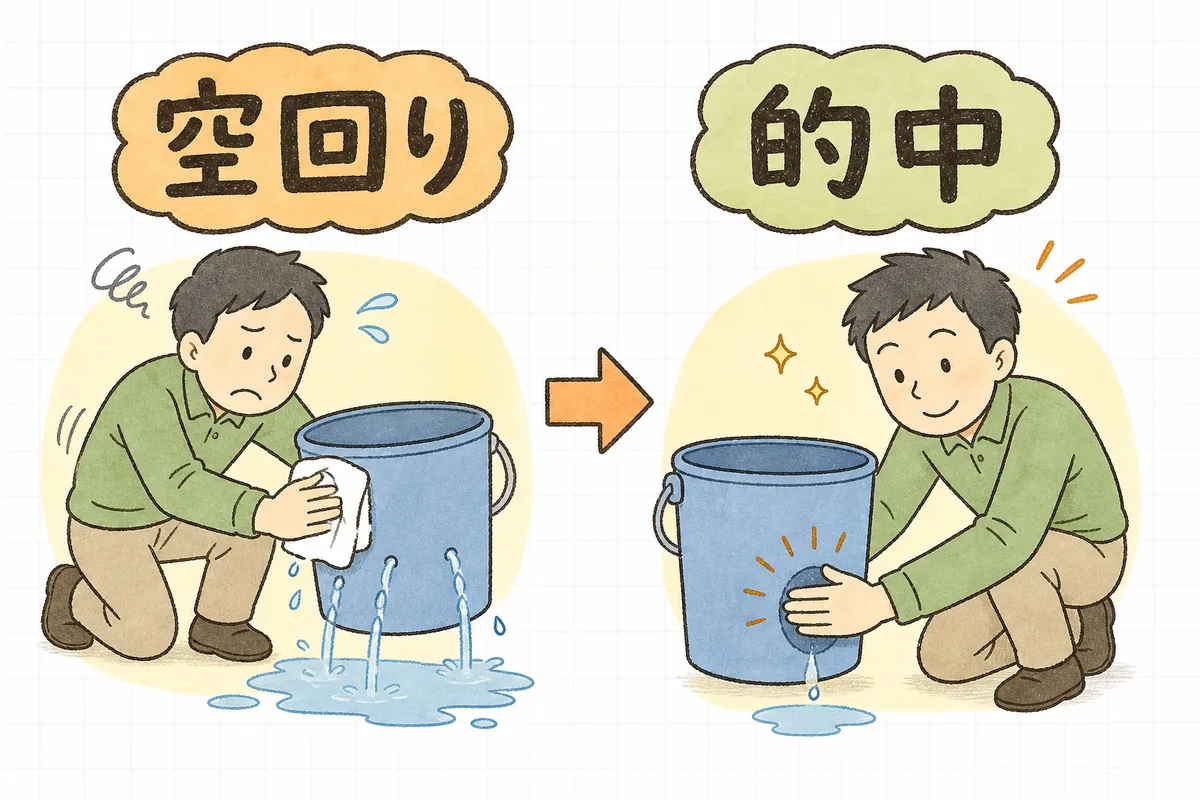 原因を取り違えた改善と、内訳を見て正しく手を打った改善の違いを示す図