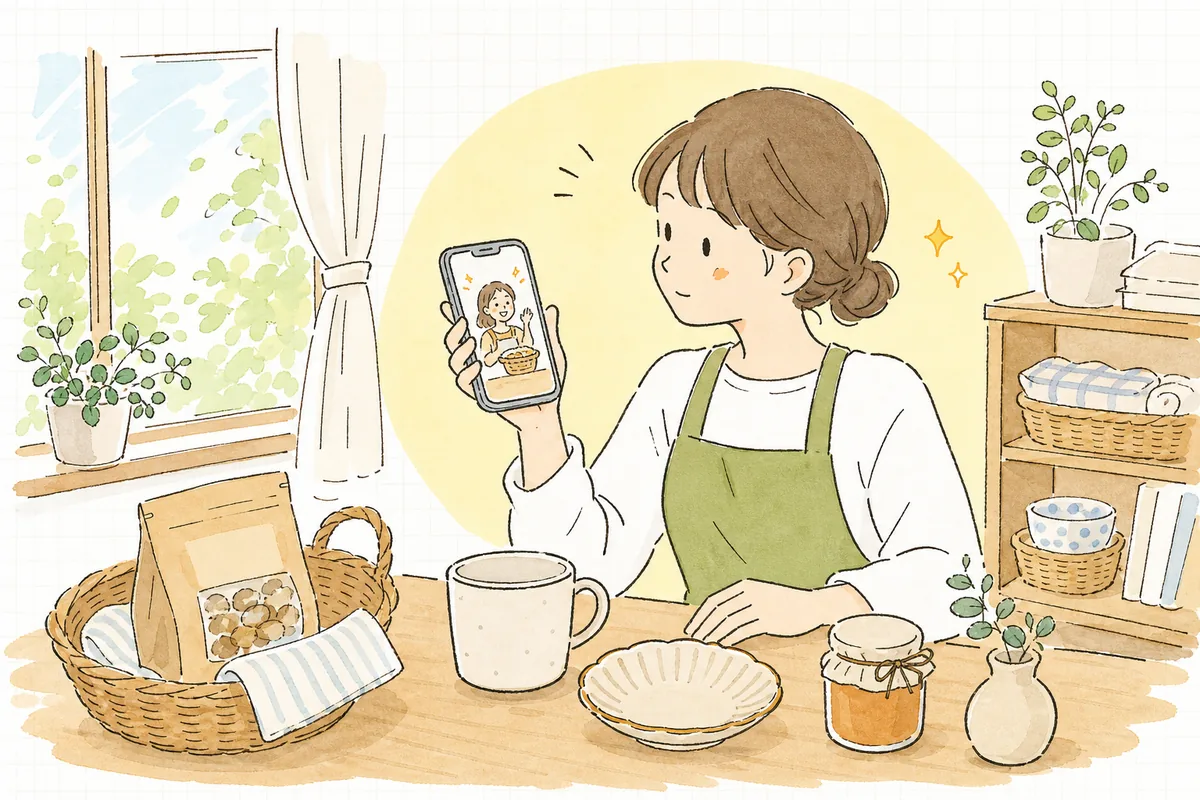 スマートフォンでインフルエンサーの投稿を見ながら、自分の店の商品と見比べて「うちも組めるかな」と考えているショップ担当者