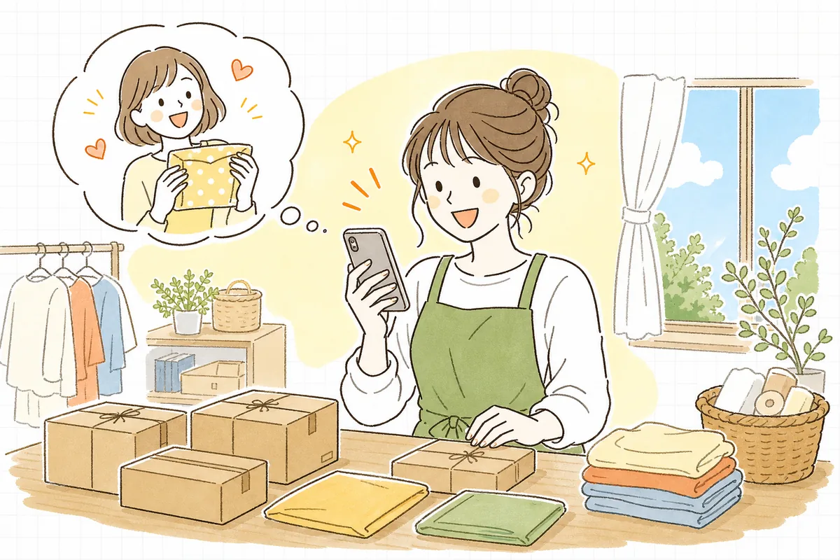 コラボがうまくいき、新しいお客さんが増えて明るい表情になっているショップ担当者