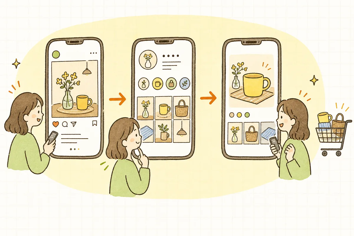 投稿を見た人がプロフィールに来て、プロフィールのリンクからECサイトを訪れ、購入につながる流れを左から右へ表した素朴な図