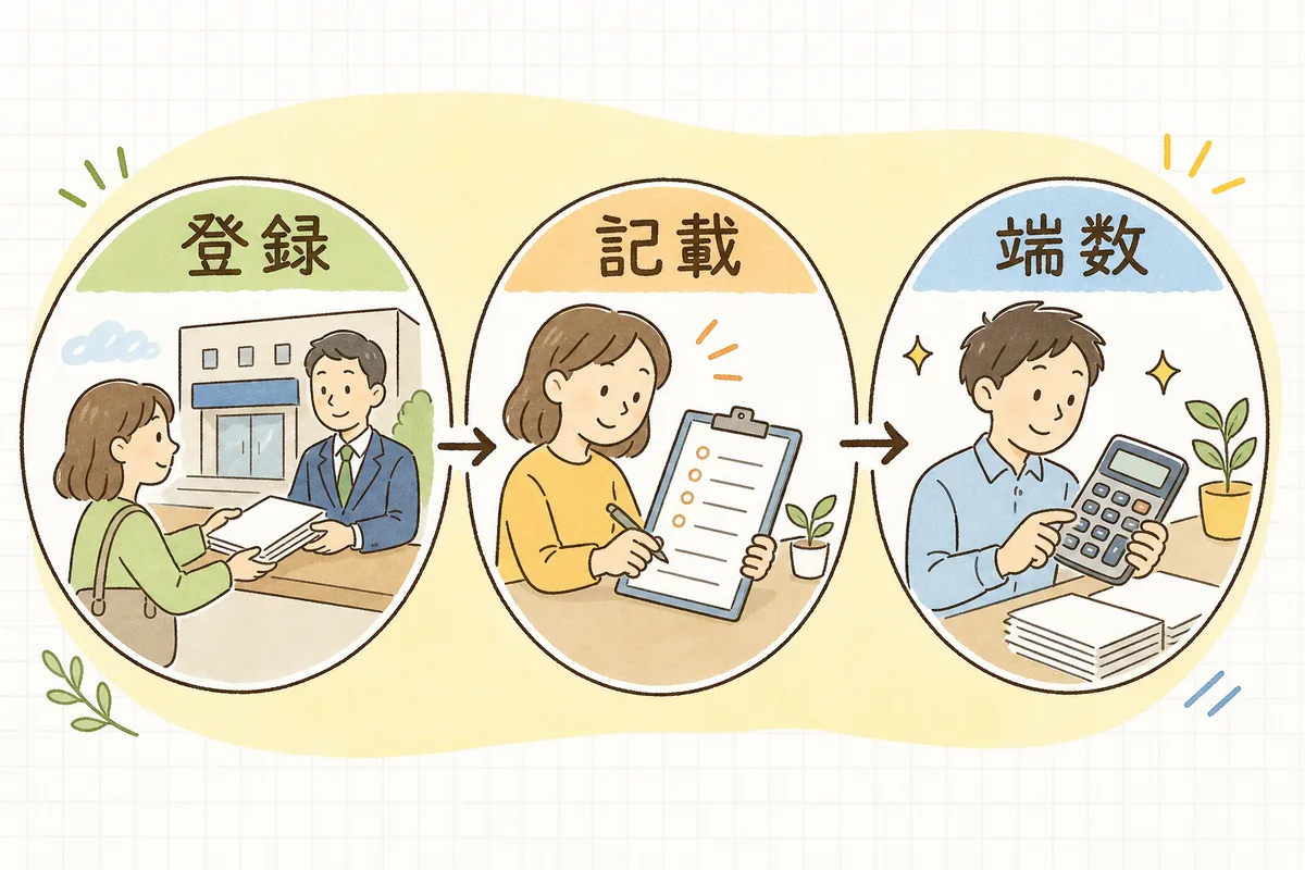 適格請求書を発行するまでの3ステップ（登録する・項目をそろえる・端数を1回で処理する）を左から順に並べた流れ図