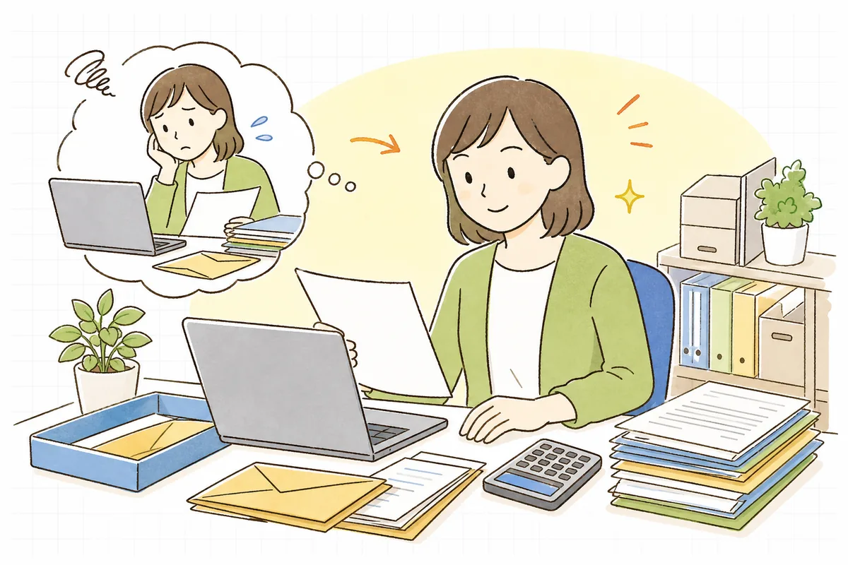 事務机でお客様からの「適格請求書がほしい」というメールを前に、請求書の書き方を一つずつ確かめながら落ち着いて準備するEC担当者の情景