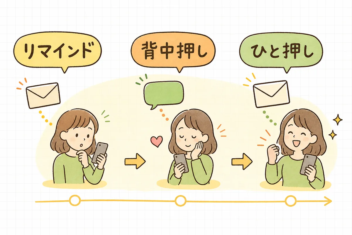カゴ落ち後に「数時間後・翌日・2〜3日後」と間隔をあけて3通の追いかけメッセージが順番に届く流れを表した図