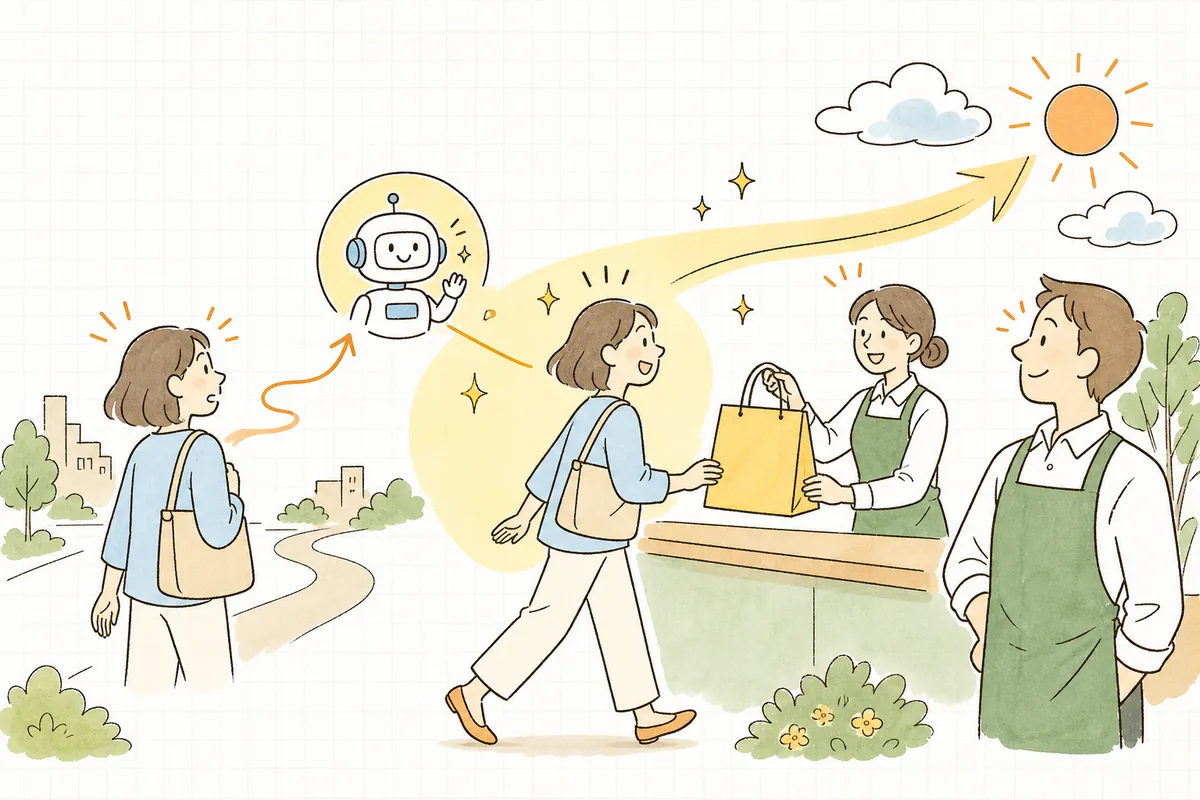 自動フォローをきっかけにお客さんが買い物を完了し、お店の担当者が肩の荷を下ろして前を向いている明るい情景