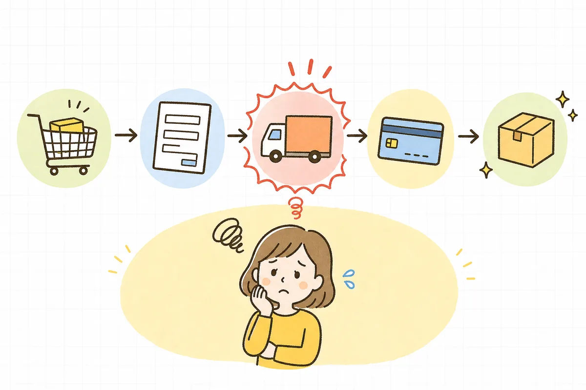 カートから決済までの購入フローと、つまずきやすい箇所を示すイラスト