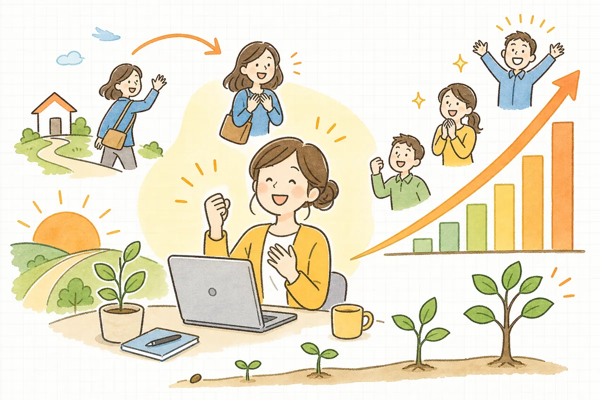 取り戻した注文で売上が上向き、前向きに歩み出すEC担当者を表すイラスト