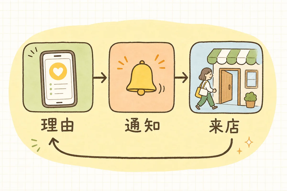 会員アプリでリピートを増やす3つの柱（入れる理由・通知・来店のきっかけ）が順につながって回っていくことを示した概念図