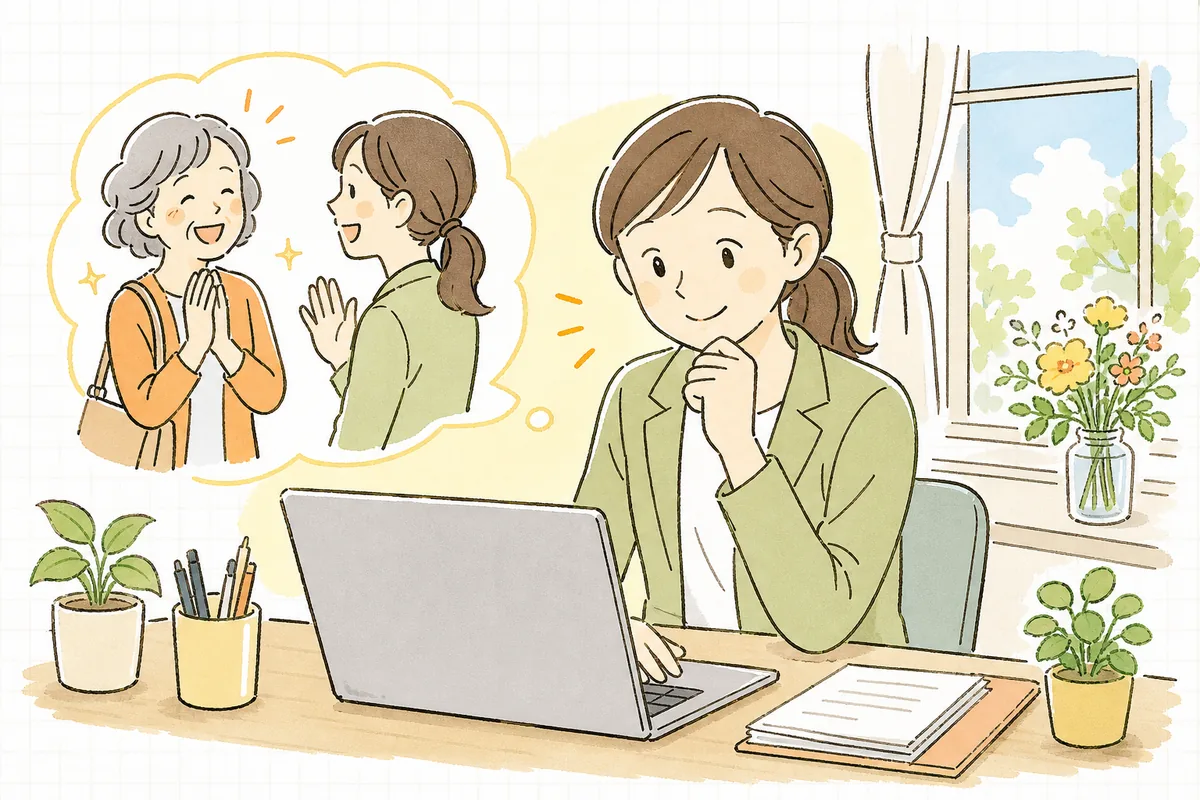 上のランクに上がったお客さんから「いつもありがとう」と感謝され、制度がうまく回り始めた手応えに笑顔になるEC担当者