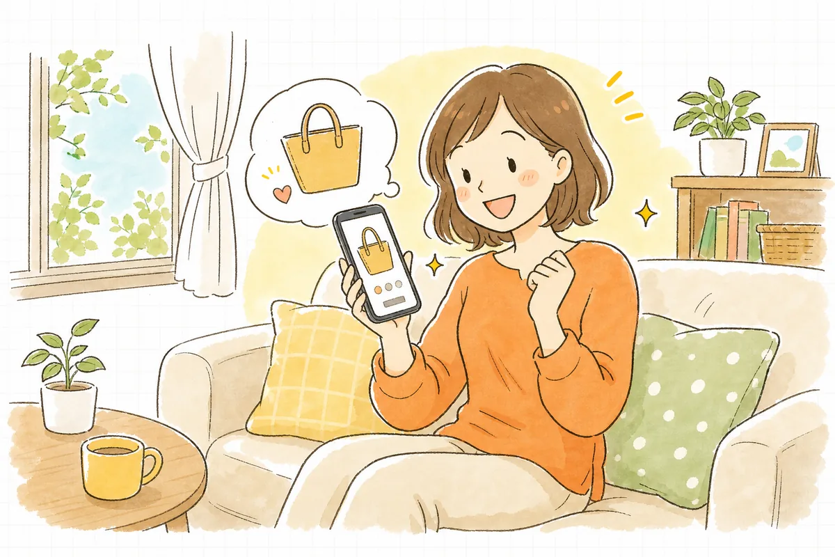 スマホで商品ページを見て「これなら分かりやすい」と納得し、安心して買い物を決めているお客さん