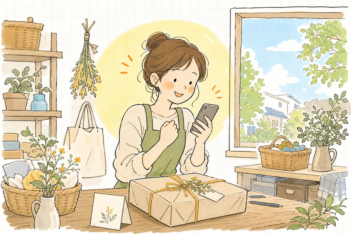 常連のお客さまから温かいメッセージが届き、価格以外の価値で選ばれた手応えに笑顔になるショップ担当者
