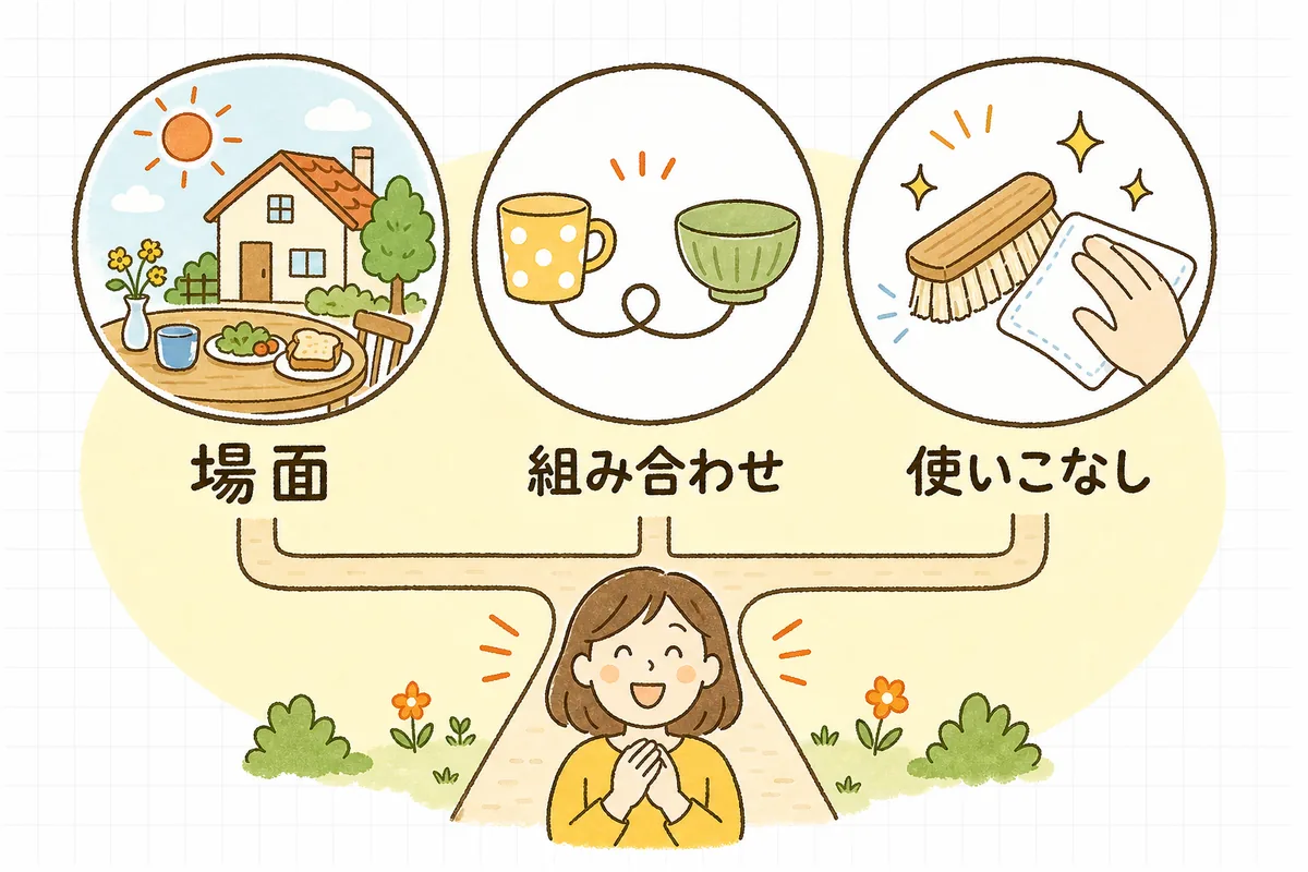 活用シーンを見せる3方向（使う場面・組み合わせ・使いこなし）を並べて示した図