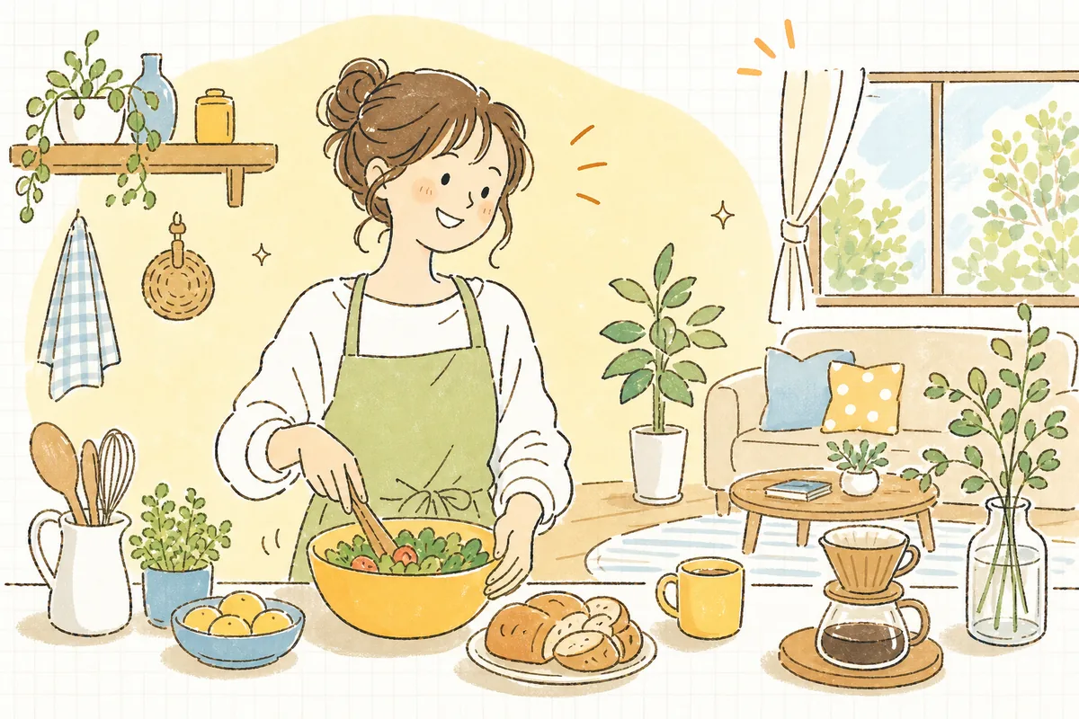 買った商品を実際に暮らしの中で使って、満足そうにほほえんでいるお客さんの明るい情景