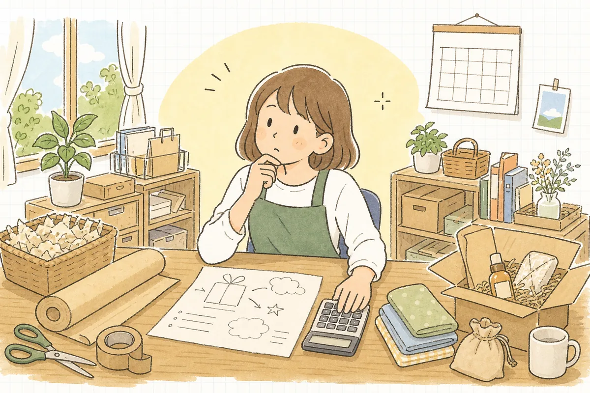 ネットショップの担当者が、プレゼントキャンペーンの企画メモを机に広げて、景品の予算をどこまでにするか考え込んでいる様子