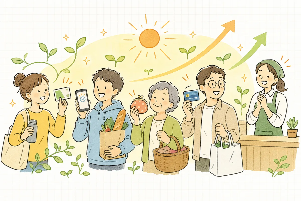 必要な支払い方法がそろい、いろいろなお客さんが安心して買い物を完了できている明るい様子