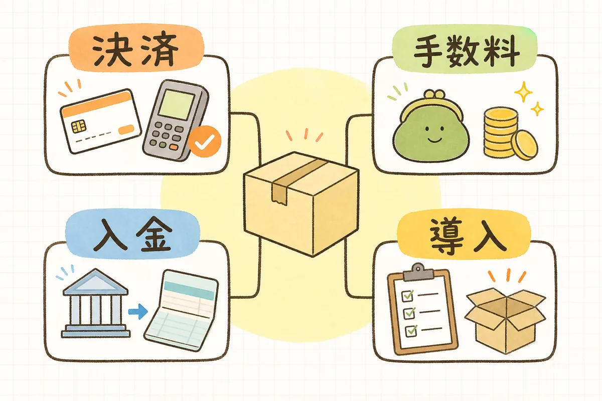 決済代行を選ぶときの4つの比較軸(対応決済・手数料・入金サイクル・導入のしやすさ)を並べた図