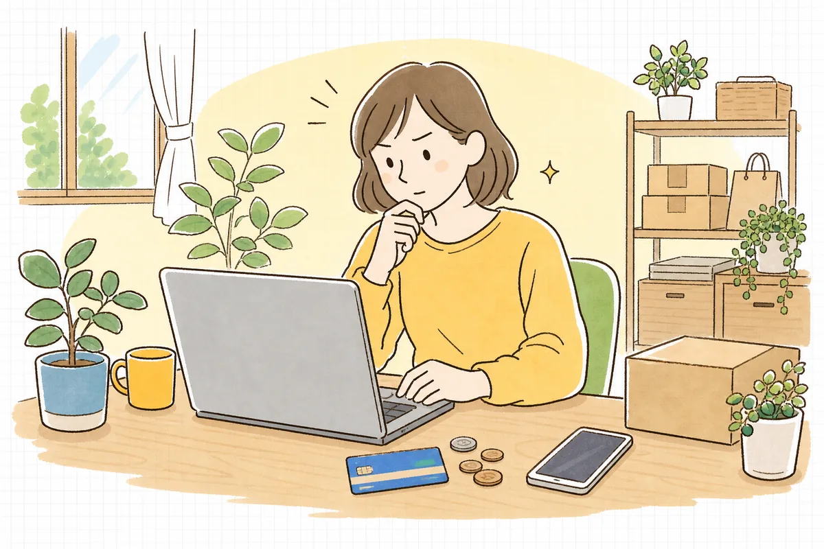 パソコンの前で、たくさんの支払い方法をどう増やそうか考えているネットショップの担当者の様子