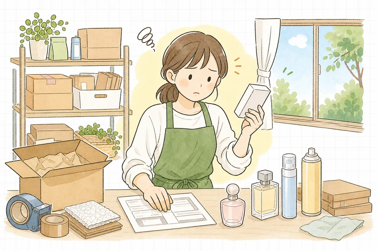 モバイルバッテリーの箱を片手に持ち、宅配便の伝票の前で「これは普通に送っていいのだろうか」と不安げに手を止めているネットショップの出荷担当者