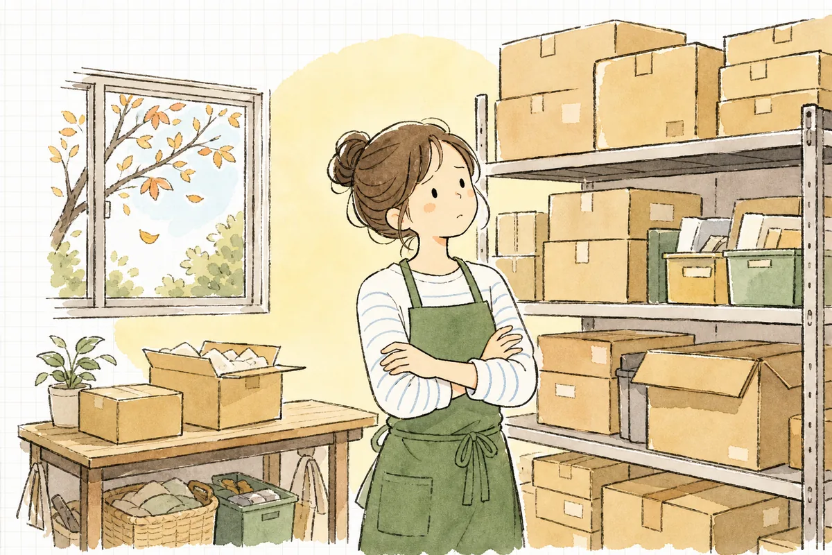 倉庫の棚に残った季節商品の箱を前に、仕入れ数をどうしようかと考え込んでいるEC担当者