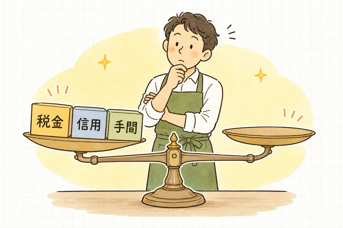税金・信用・手間の3つの軸で法人化のタイミングを判断する様子を示した概念図