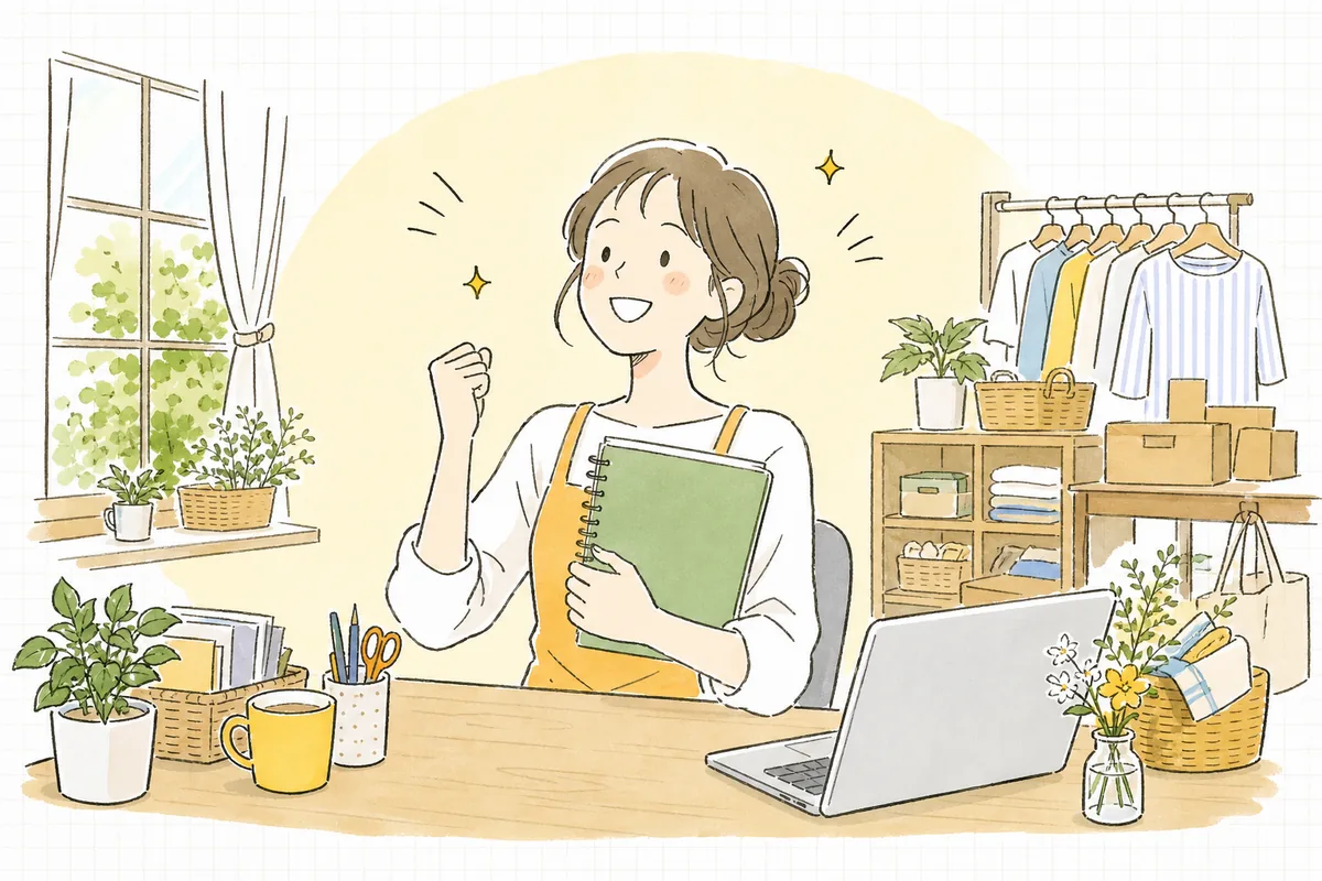 法人化のタイミングを整理し終え、次の一歩に向けて前向きな表情で顔を上げる個人事業主のEC店主