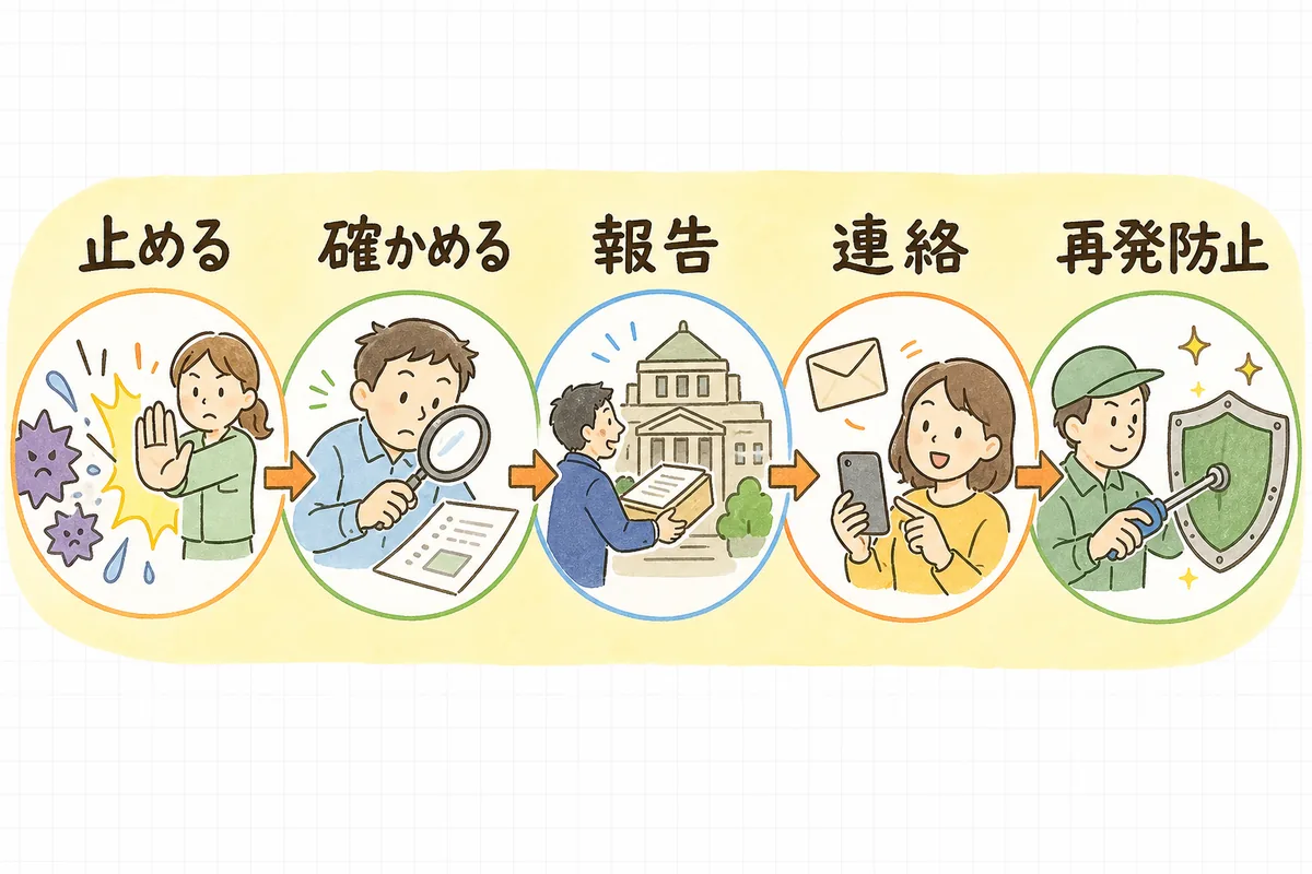 個人情報の漏えい発生後にとる5つのステップ(止める・確かめる・委員会へ報告・本人へ連絡・再発防止)を左から順に並べた対応フロー図