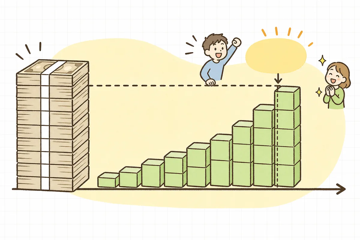 広告費として先に出ていったお金を、毎月積み上がる粗利が少しずつ埋めていき、ある月で回収ラインに届くまでの流れを示した図