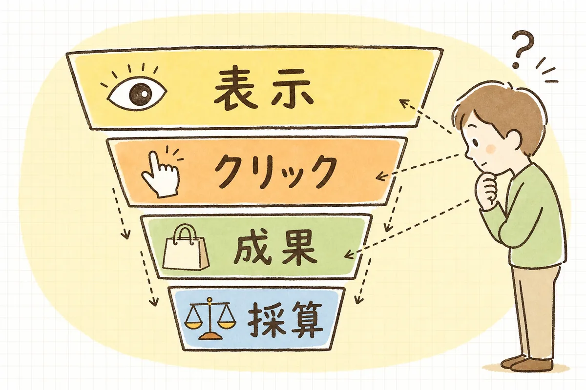 広告レポートを「表示・クリック・成果・採算」の4段の階段として上から順に読むことを示した図