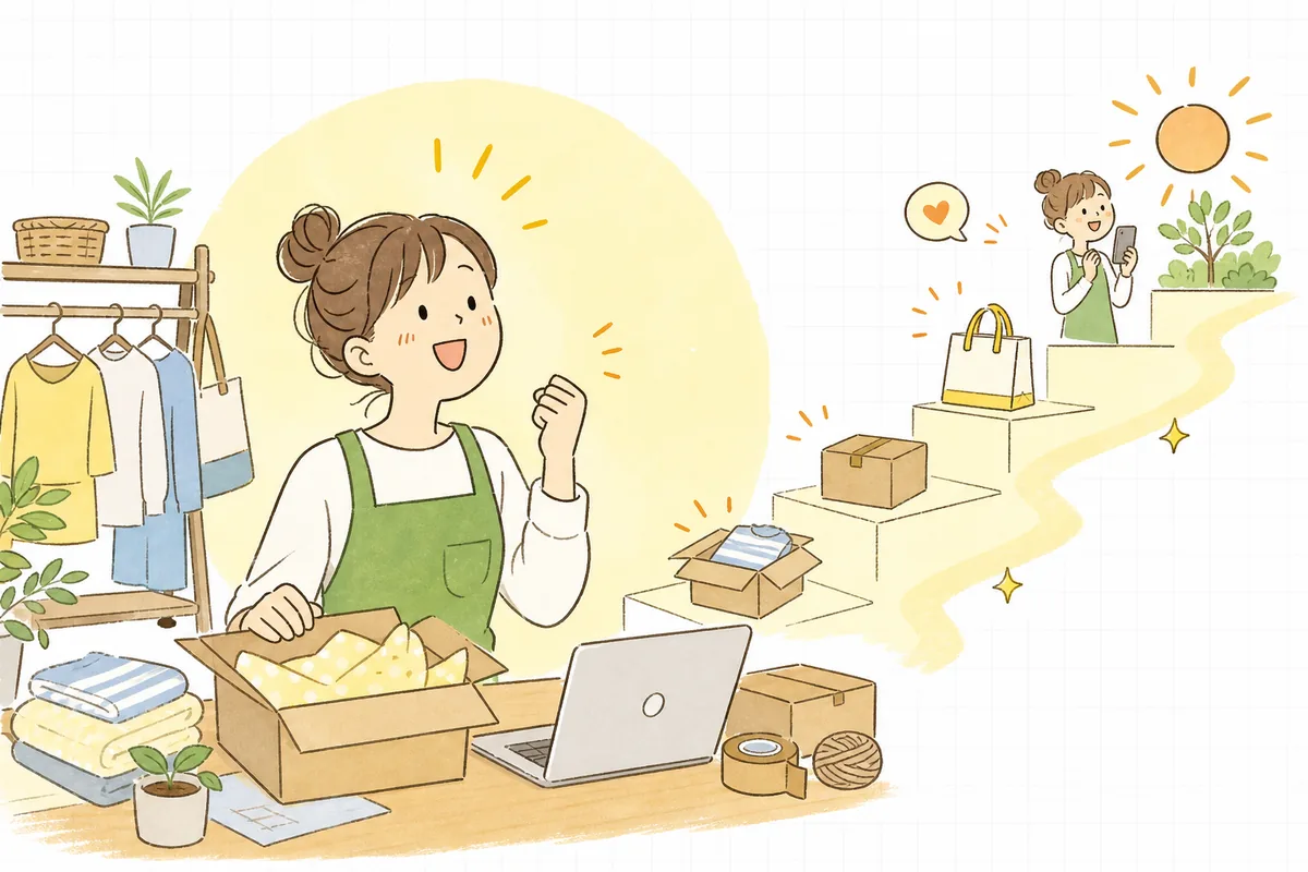 小さなお店の店主が、少額から始めた広告で最初の注文が入り、階段を一段登れた手ごたえに前向きな笑顔を浮かべている明るい情景