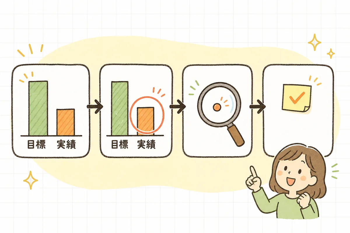 目標と実績を並べて差が大きい数字を1つ選び、原因を1つに絞って来月やることを1つ決める4ステップの図