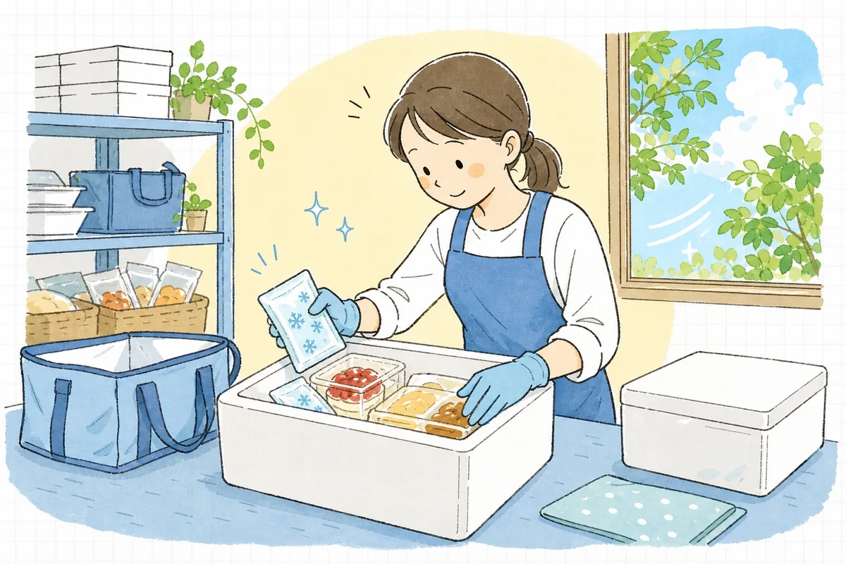 冷凍のスイーツやお惣菜を丁寧に保冷材と一緒に箱詰めしている食品ECの担当者が、「ちゃんと冷たいまま届いてほしい」という願いを込めた真剣な表情で作業している情景