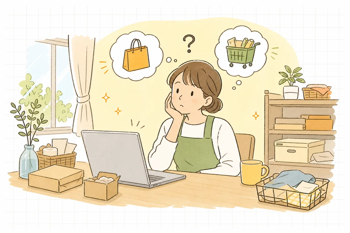 客単価の数字を前に「値上げすべきか、もう一点買ってもらうべきか」と迷って考え込むEC担当者の情景