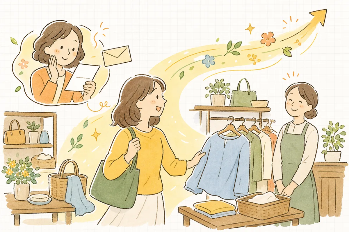 お店からの便りをきっかけに、離れていたお客さんが再び買い物に戻ってきて、担当者が安心して笑顔になっている明るい情景