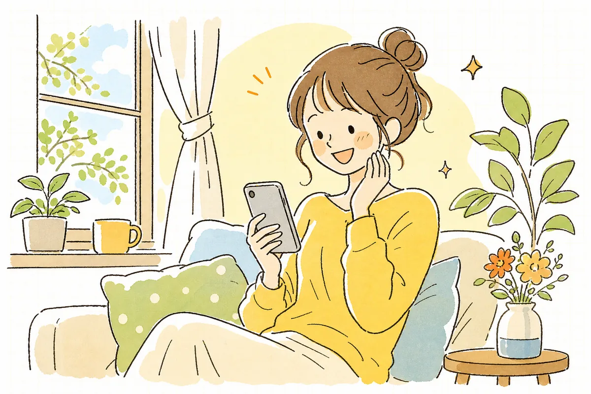 届いた通知を見て笑顔になり、うれしそうにスマホを手にする受信者