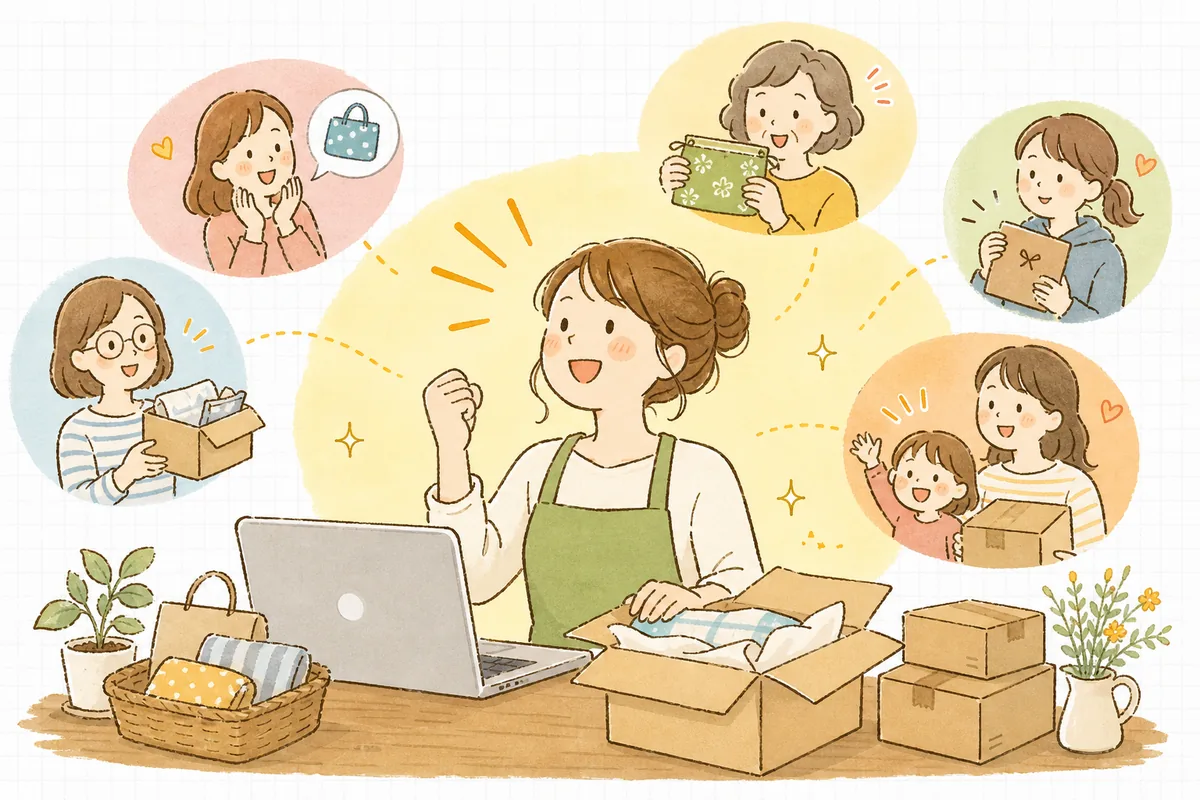 LINE広告で少しずつ友だちが増え、その人たちがくり返し買ってくれるようになって、お店の担当者が手ごたえを感じながら前向きな笑顔を浮かべている明るい情景